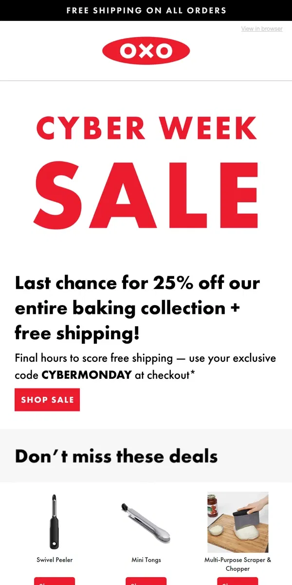 Email from OXO. 🚨 [LAST CHANCE] 🚨 Free shipping + 25% off ends tonight!