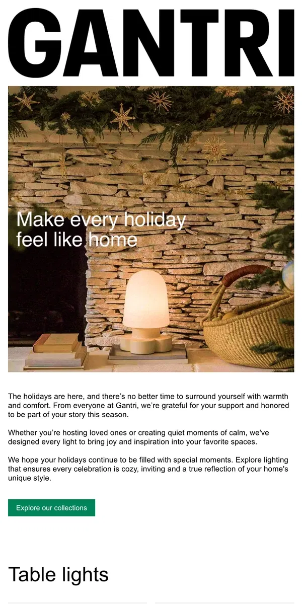 Email from Gantri. Wishing you a cozy and joyful holiday.