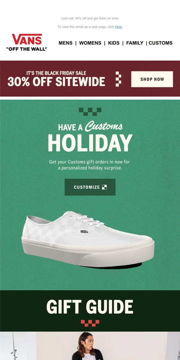 Email from Vans. Level up your gifts with Customs