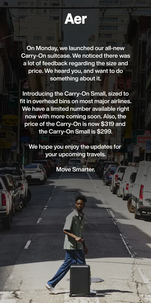 Email from Aer. Aer Carry-On: New Size, New Price