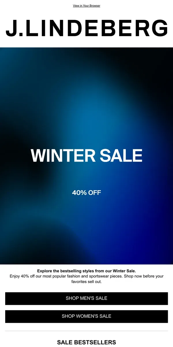 Email from J.Lindeberg. Winter Sale: Bestselling Styles