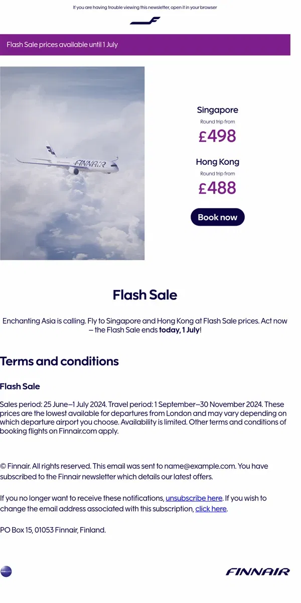 Email from Finnair. Last call: Flash Sale ends today