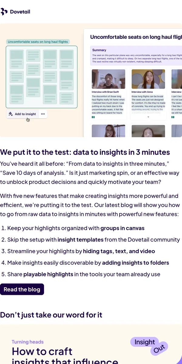 Email from Dovetail. Influential insights in minutes with five new features