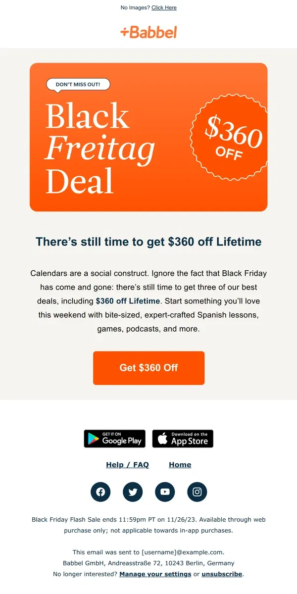 Email from Babbel. 2 days left – $360 off LIfetime!