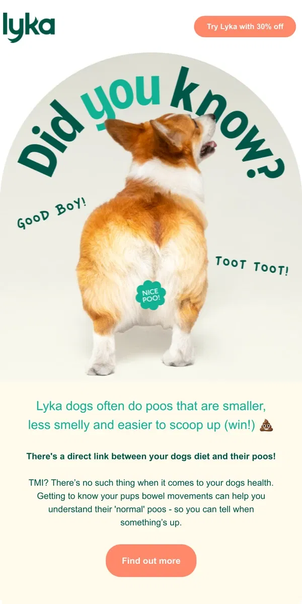 Email from Lyka. True or false: Healthy dog poos are less smelly 💩