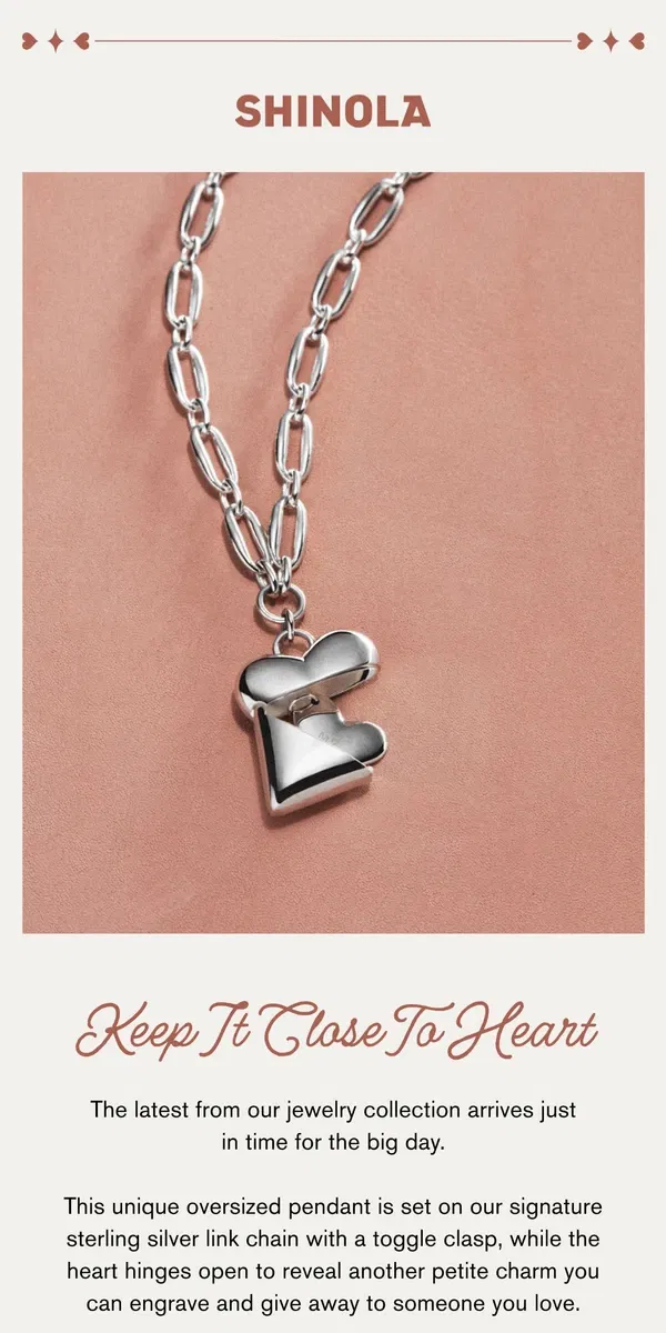 Email from Shinola Detroit. ‘Give Your Heart Away’ Pendant Necklace