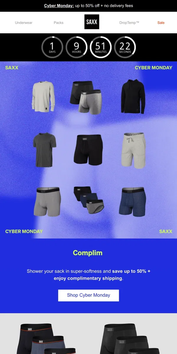 Email from SAXX Underwear. Up to 50% off + complimentary shipping 💸