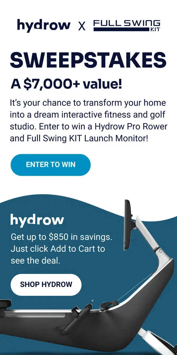 Email from Hydrow. Win $7000+ in prizes from Full Swing + Hydrow