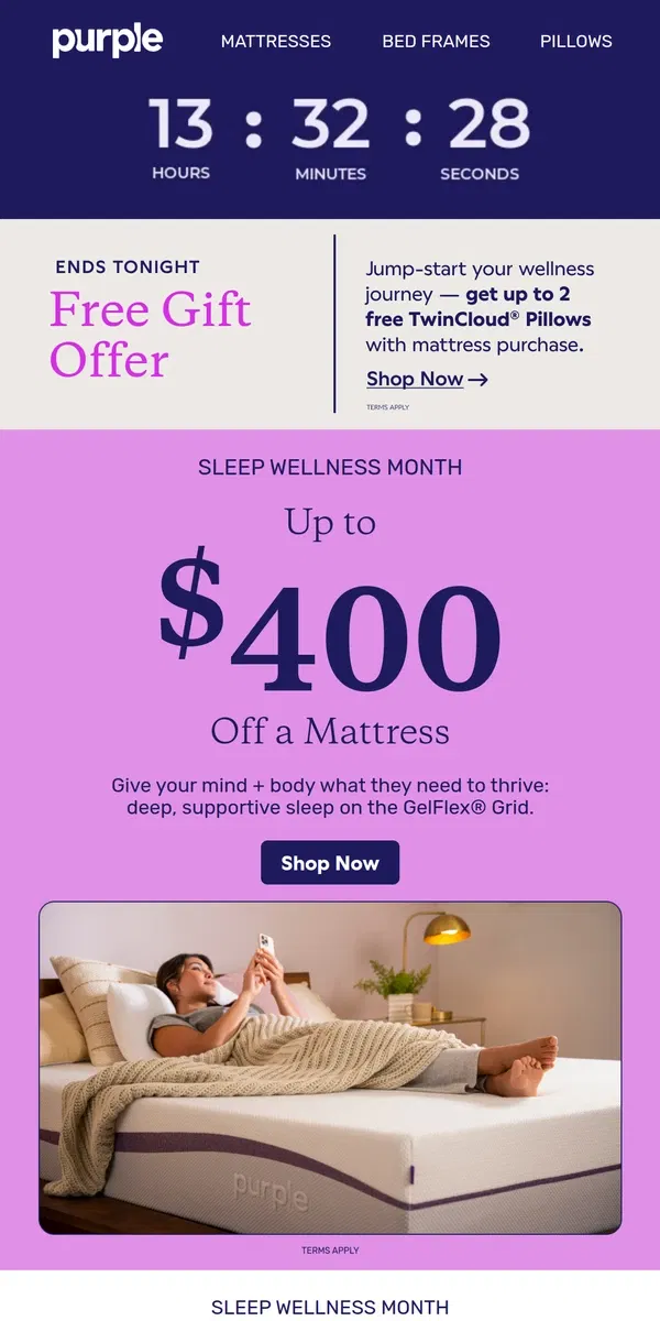 Email from Purple. Shop the Sleep Wellness Month Sale