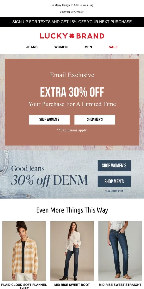 Email from Lucky Brand. 🥳 STARTS TODAY! Extra 30% Off + 30% Off Denim!