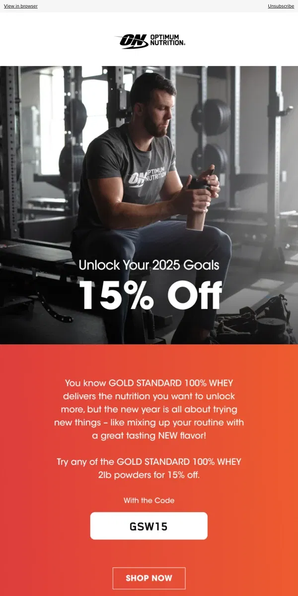 Email from Optimum Nutrition. Unlock 15% Off Gold Standard 100% Whey 🔐