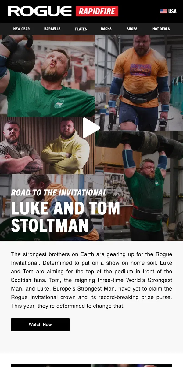 Email from Rogue Fitness. Road to the Invitational - Luke and Tom Stoltman