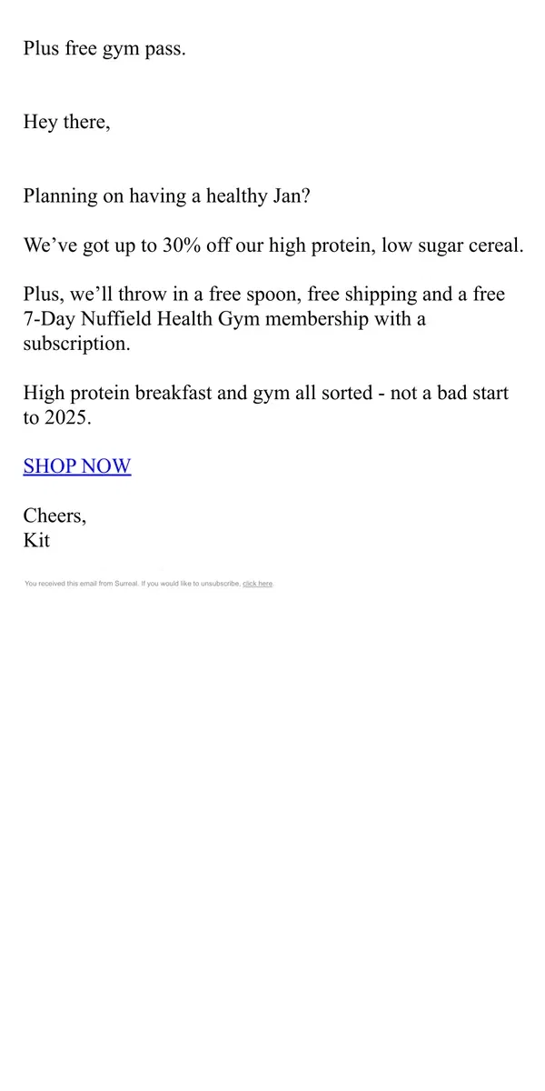 Email from Surreal. Save cash, eat protein - 30% off