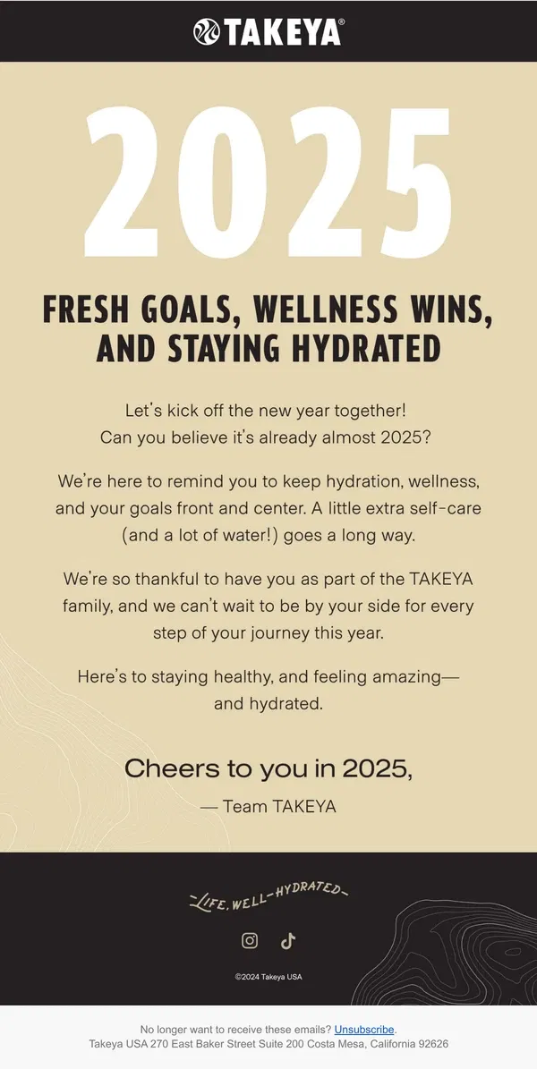 Email from TAKEYA. Here’s to a Hydrated & Healthy New Year! 🥂