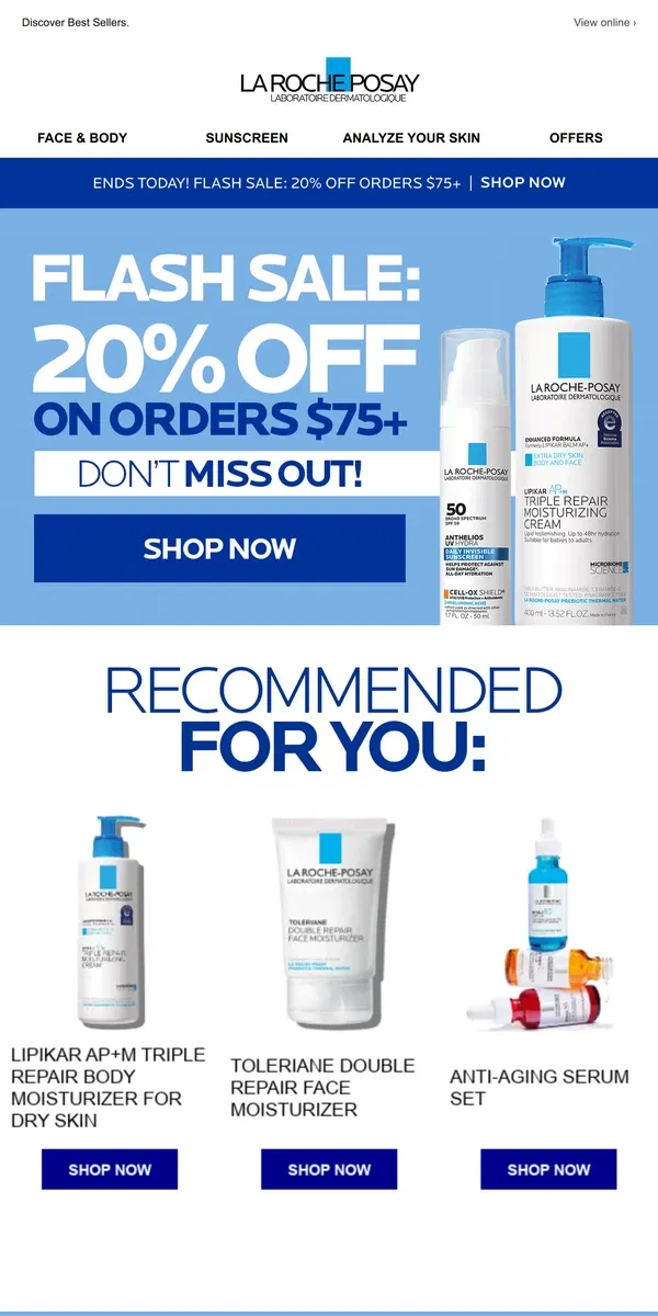 Email from La Roche-Posay. Last chance for 20% off on dermatologist recommended skincare.