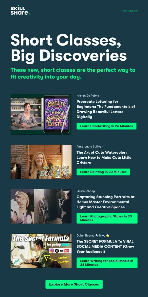 Email from Skillshare. Classes Under 30 Minutes, Picked For You