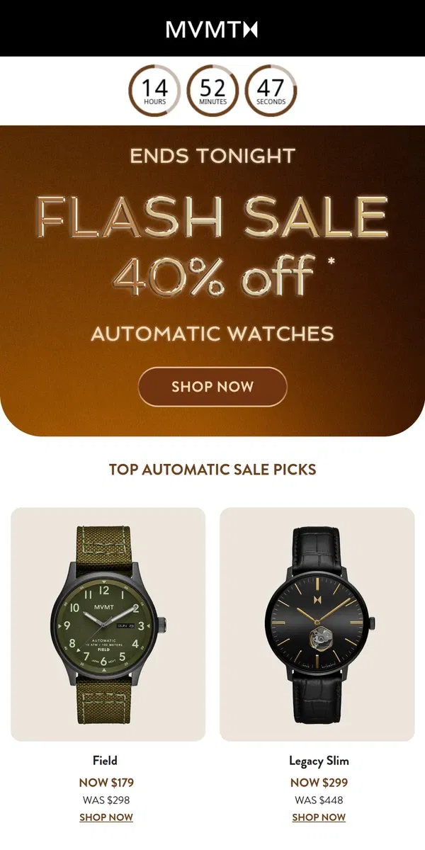 Email from MVMT. Last Chance: 40% Off All Automatic Watches