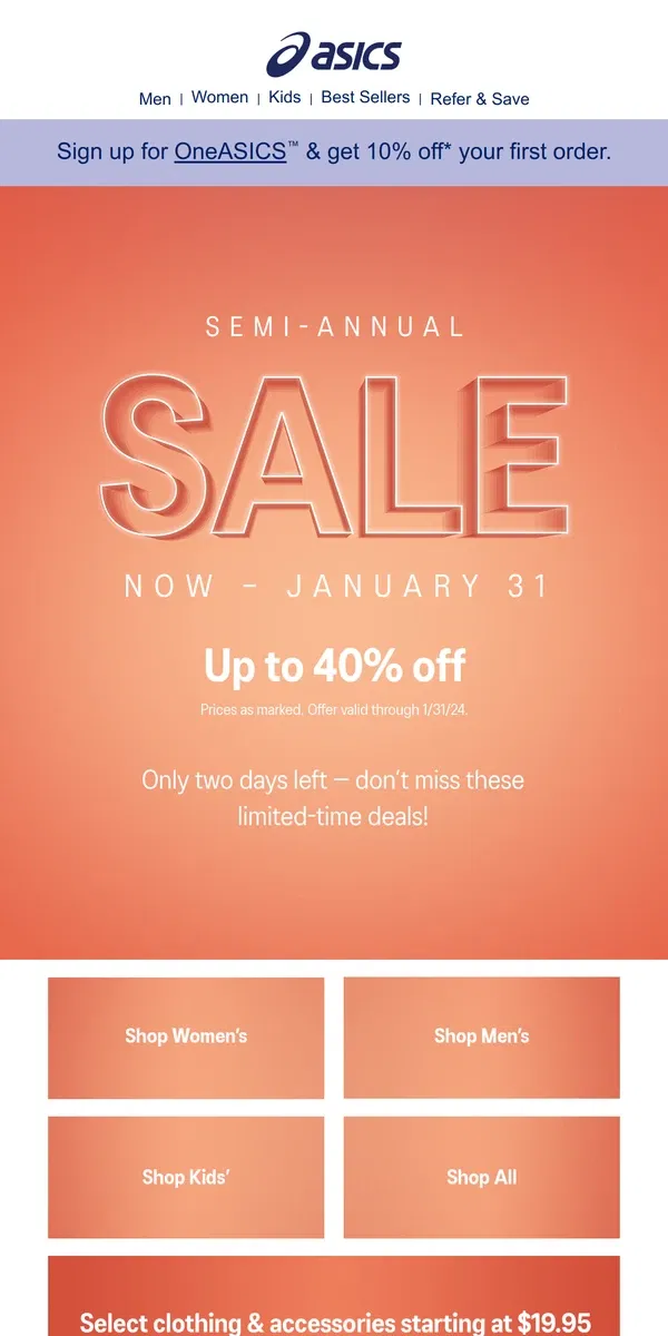 Email from ASICS. 2 days left—get up to 40% OFF! ⏳