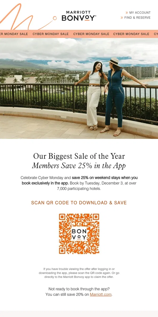 Email from Marriott Bonvoy. Cyber Monday App-Exclusive: Save 25% on Hotels