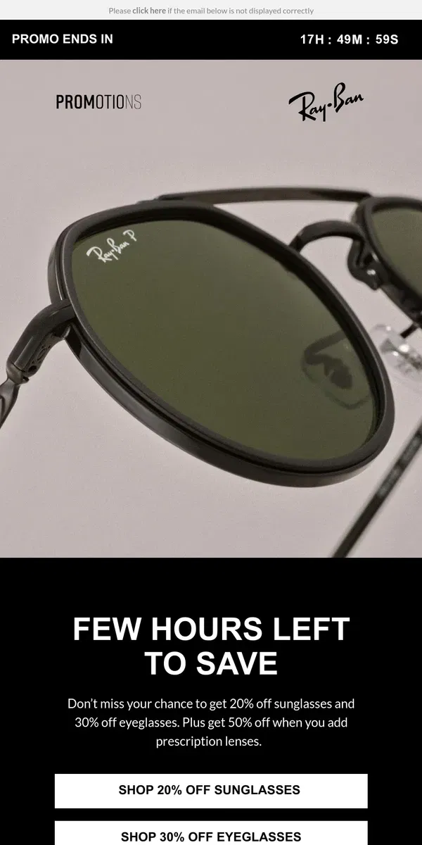 Email from Ray-Ban. Last day to save 20%