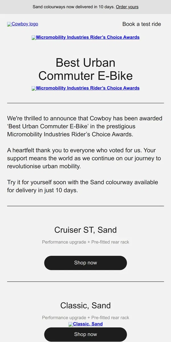 Email from Cowboy. It’s a Micromobility Award winner