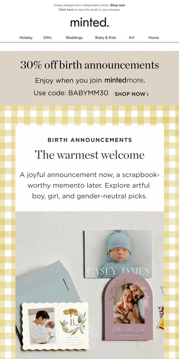 Email from Minted. The most artful way to welcome baby