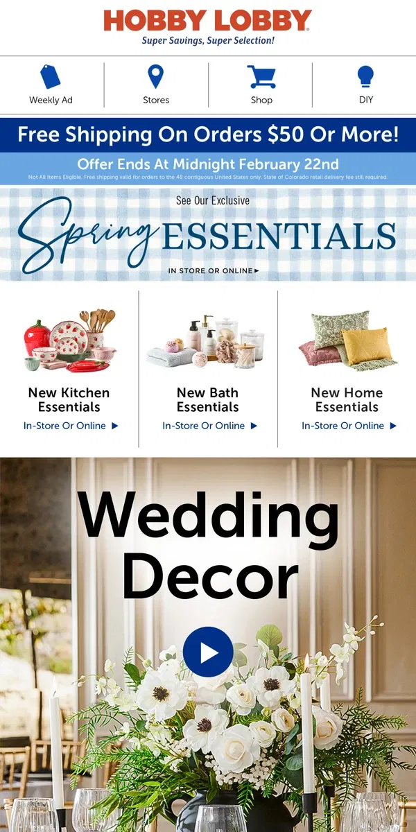 Email from Hobby Lobby. Spring Wedding Decor From Hobby Lobby®