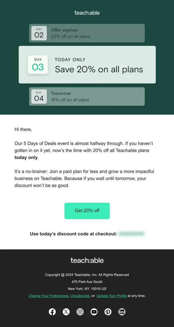 Email from Teachable. 🤝 Let’s make a deal with 20% off plans