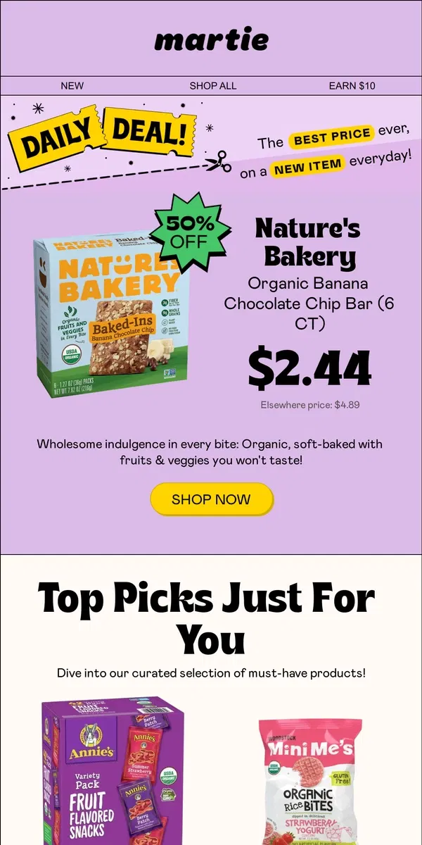 Email from Martie. 👍 50% OFF Nature's Bakery Organic Banana Chocolate Chip Bars! Today Only!