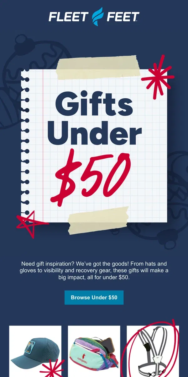 Email from Fleet Feet. Gifts under $50