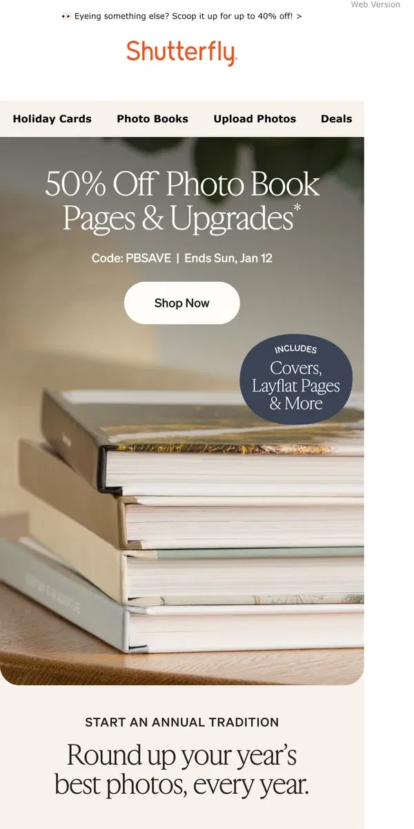 Email from Shutterfly. New year, new photo book: 50% off pages & upgrades