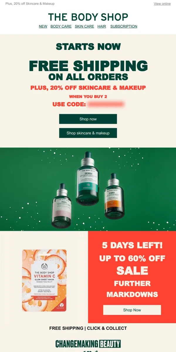 Email from The Body Shop. STARTS NOW: FREE SHIPPING ON ALL ORDERS