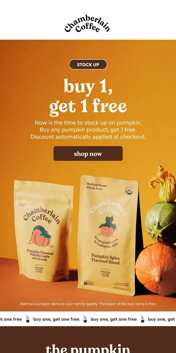 Email from Chamberlain Coffee. PUMPKIN: buy 1, get 1 free