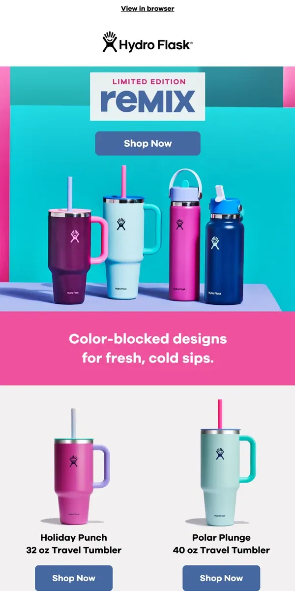 Email from Hydro Flask. NEW: Color-blocked styles are here