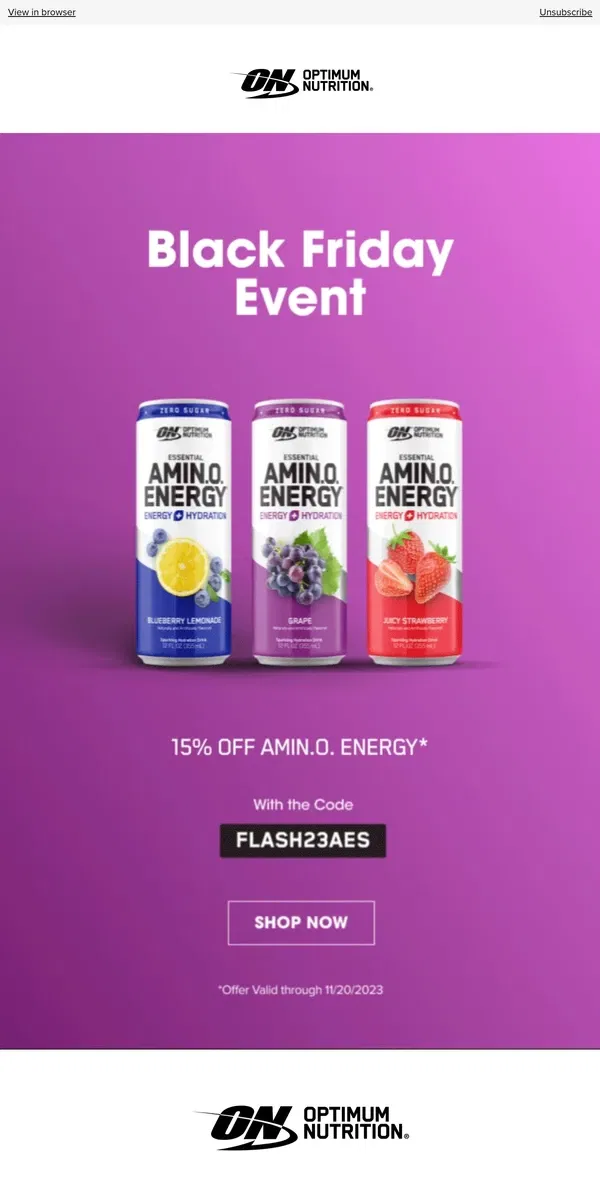 Email from Optimum Nutrition. Black Friday Sale: 15% Off AMIN.O. ENERGY