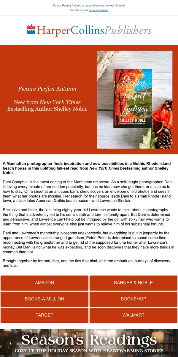 Email from HarperCollins Publishers. Don't miss Shelley Noble's uplifting fall-set read 🍁