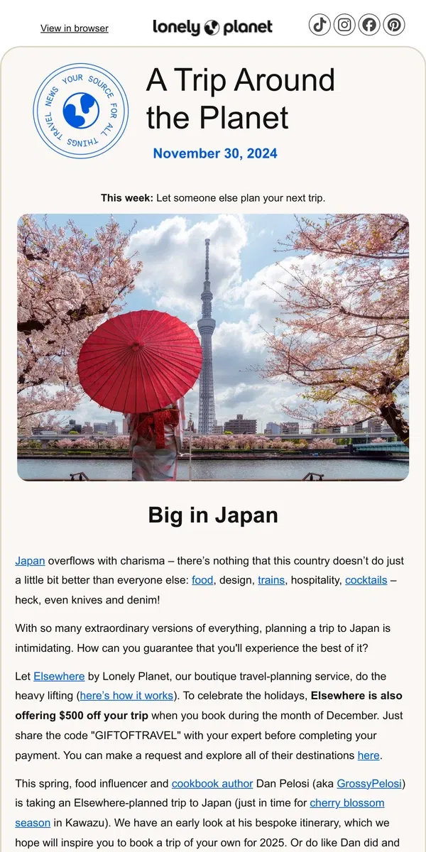 Email from Lonely Planet. Cherry blossoms? In Japan? Groundbreaking