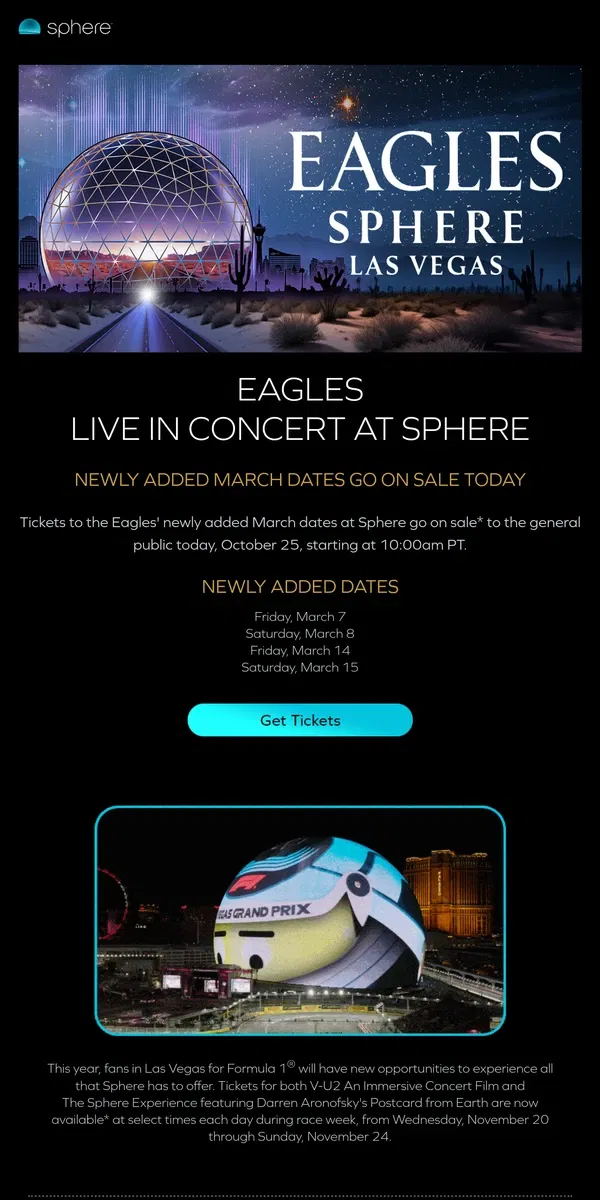 Email from Sphere. Eagles Tickets for Newly Added March Dates are On Sale Today