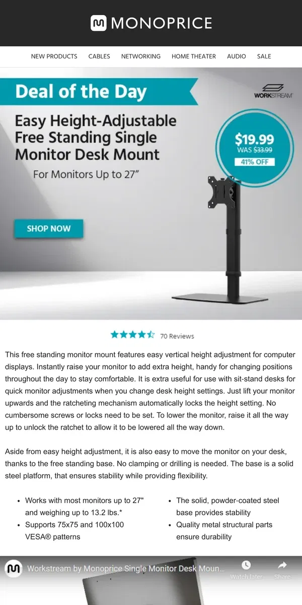 Email from Monoprice. Stability + Flexibility in One | DEAL OF THE DAY