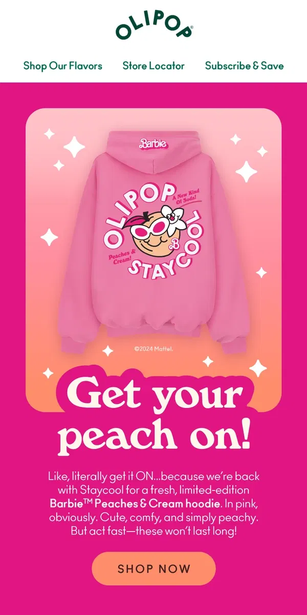 Email from OLIPOP. Peach mode: Activated! ☁️✨🍑