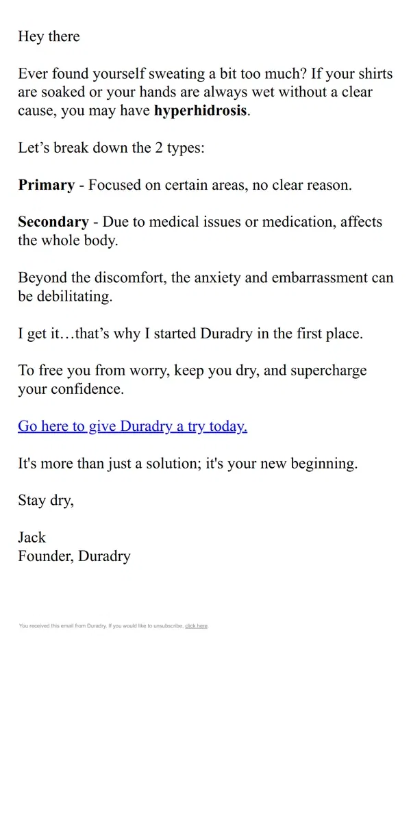 Email from Duradry. Sweating more than usual? Read this…