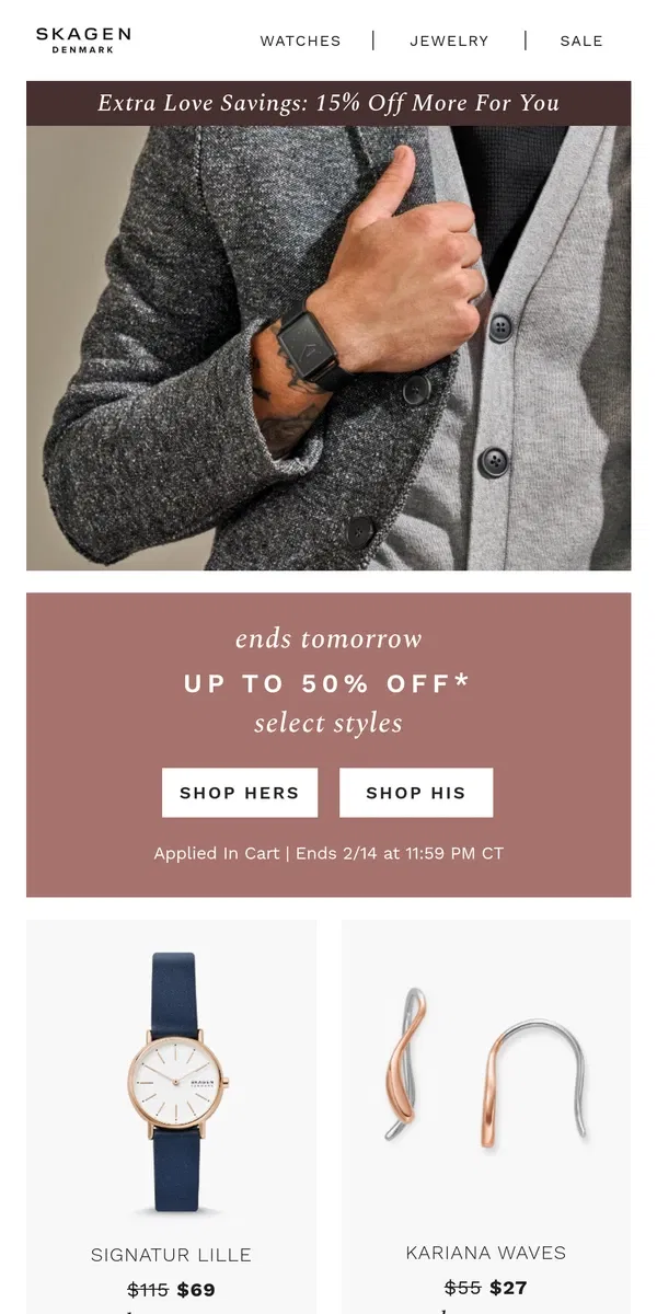 Email from Skagen. ends tomorrow: up to 50% off