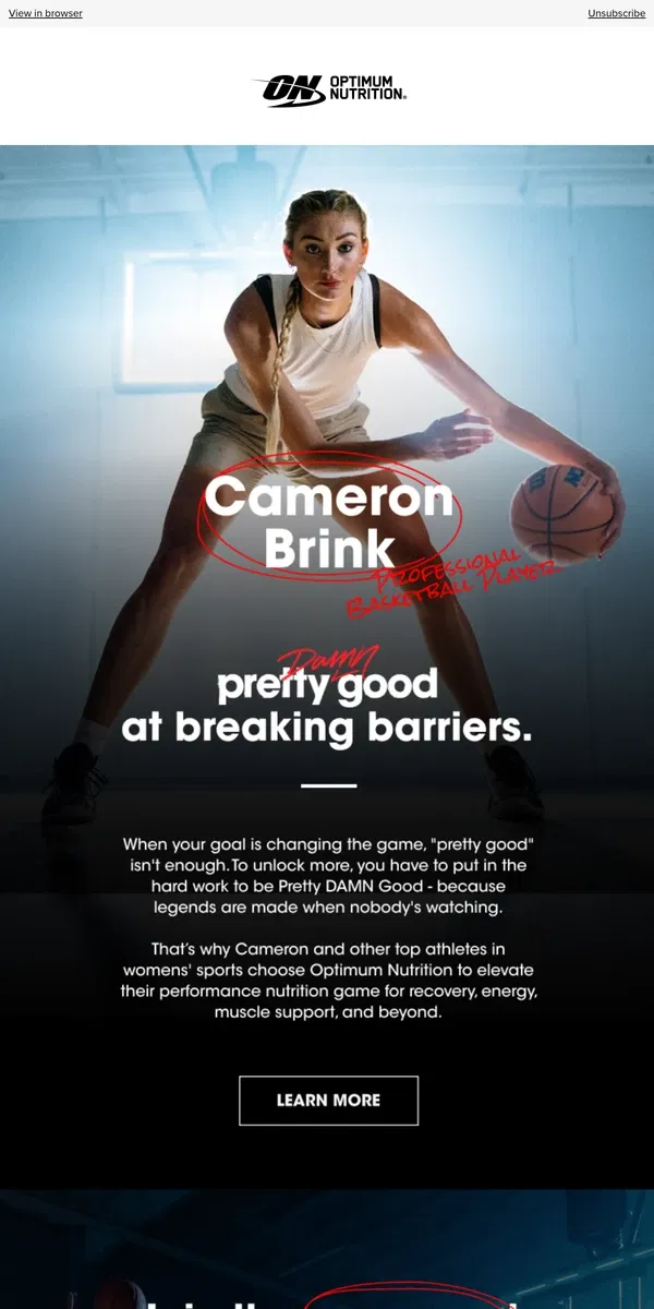 Email from Optimum Nutrition. Pretty Damn Good: Supporting Women’s Sports