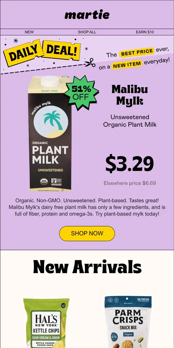 Email from Martie. 🌴 51% OFF Malibu Mylk Unsweetened Organic Plant Milk! (today only!)