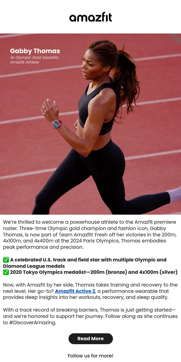 Email from Amazfit. Gabby Thomas Joins Team Amazfit!