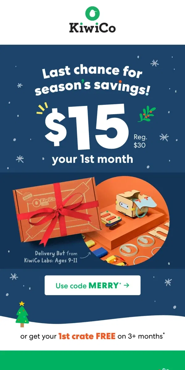 Email from KiwiCo. Weekend Sale: Start for $15 1st month (Reg. $30)!