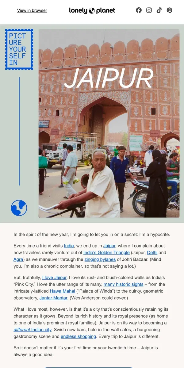 Email from Lonely Planet. India’s dreamy Pink City