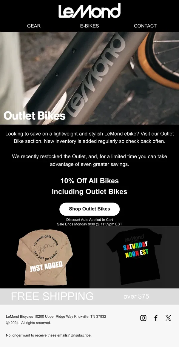 Email from LeMond. New Outlet Bikes Added