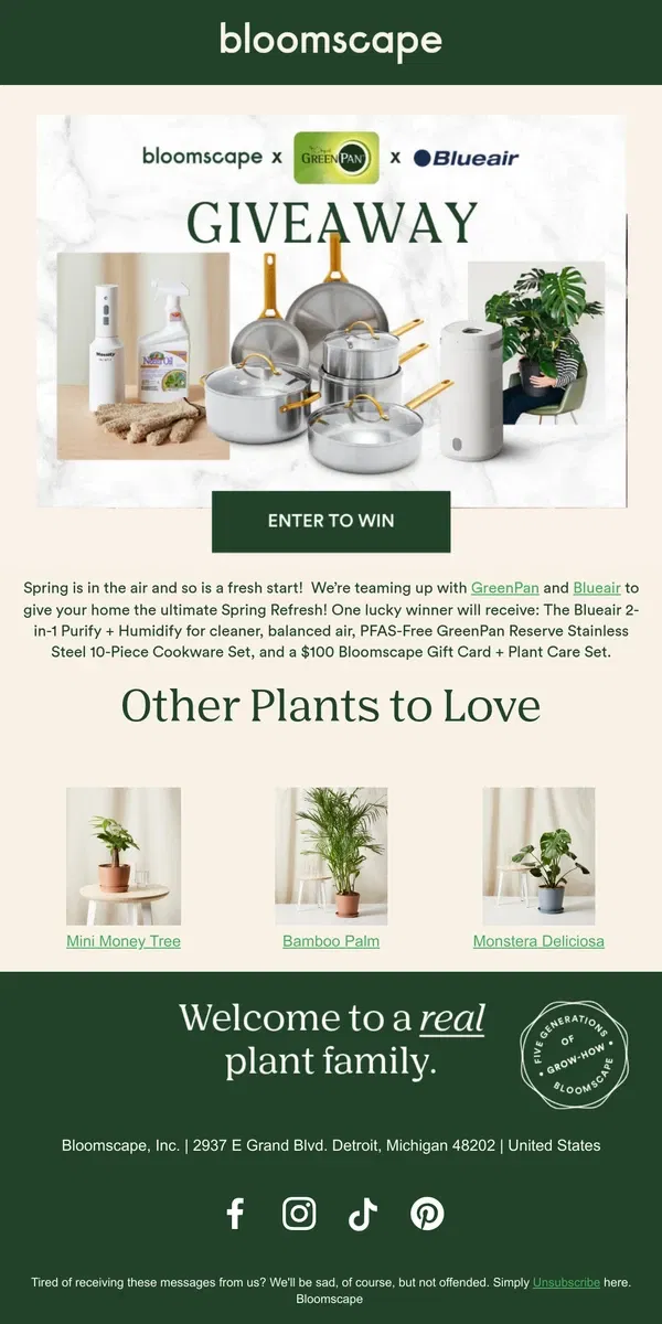 Email from Bloomscape. Giveaway Alert: Your Chance to Refresh & Renew