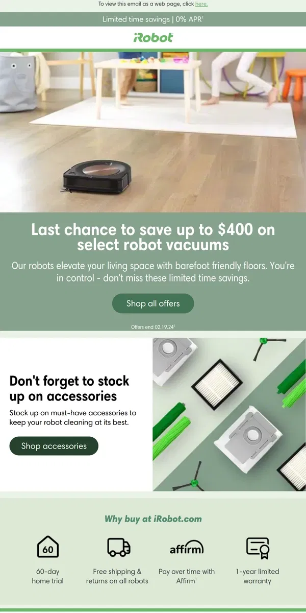 Email from iRobot. Update your clean routine and save.